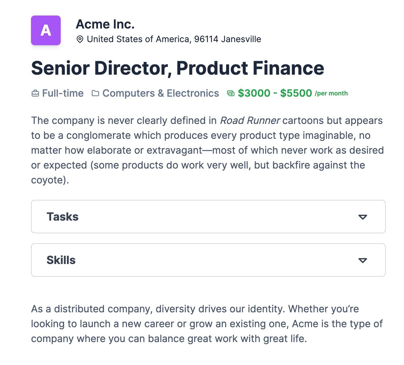 Job Listing from Acme Inc. with Tasks, Description, Skills and more